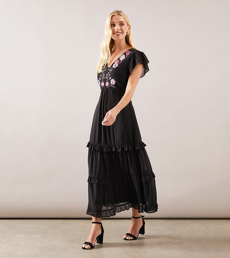 Buy Wallis Petite Embroidered Ruffle Detail Tiered Maxi Dress In