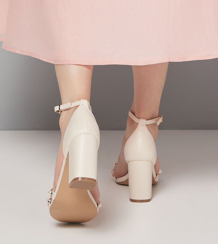 Damiana Faux Leather Pearl Detail High Block Heel Sandals