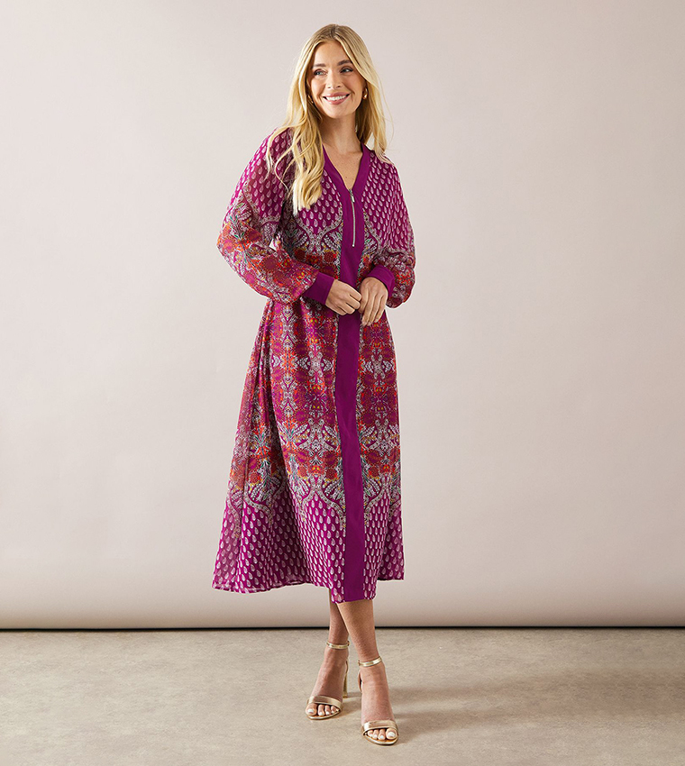 Petite Paisley Printed Zip Front Border Midi Dress