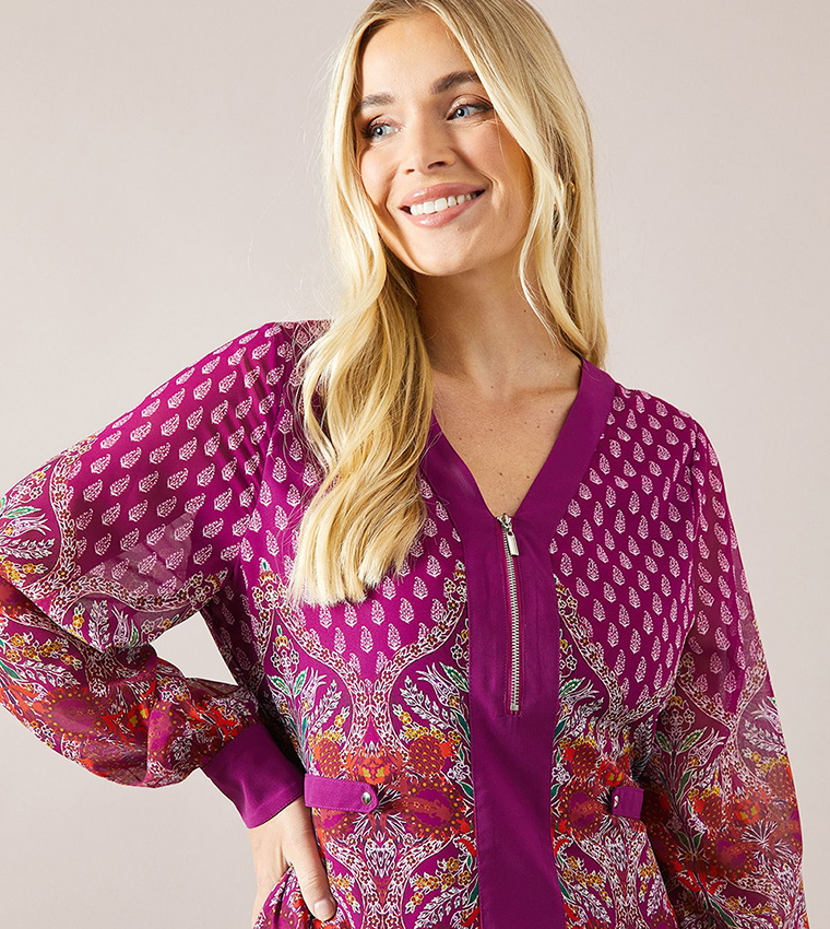 Petite Paisley Printed Zip Front Border Midi Dress