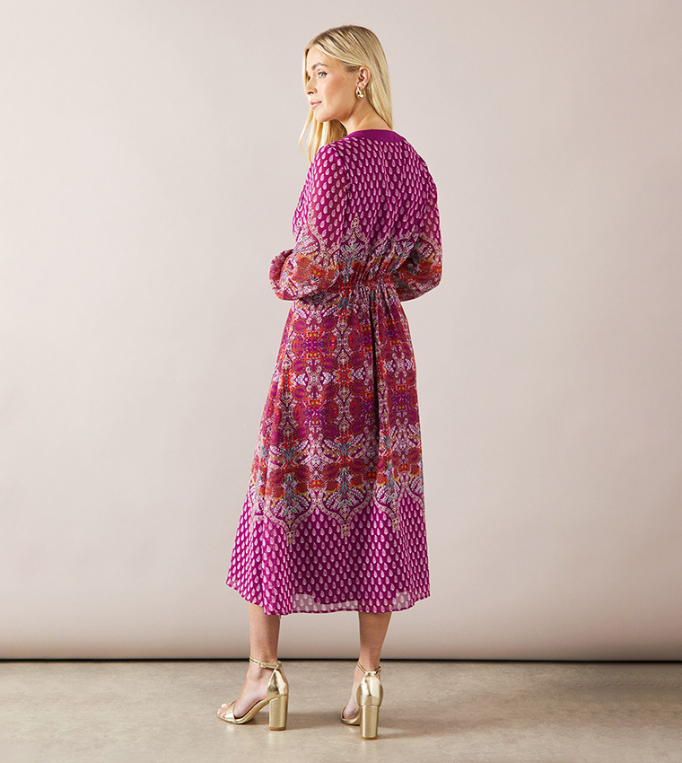 Petite Paisley Printed Zip Front Border Midi Dress