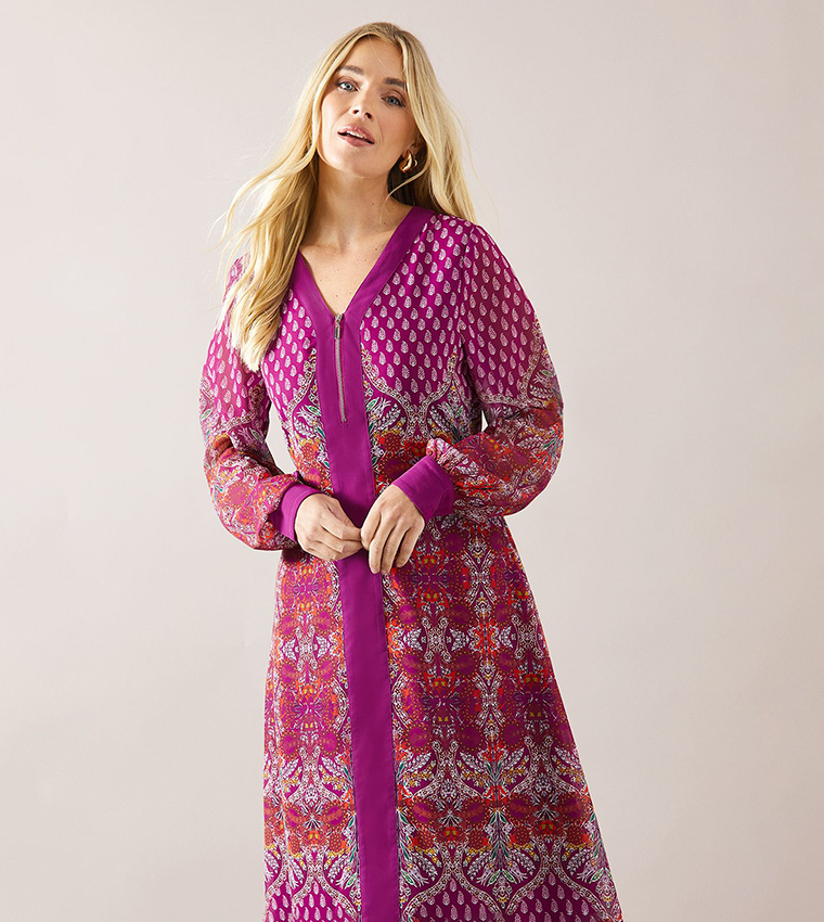 Petite Paisley Printed Zip Front Border Midi Dress