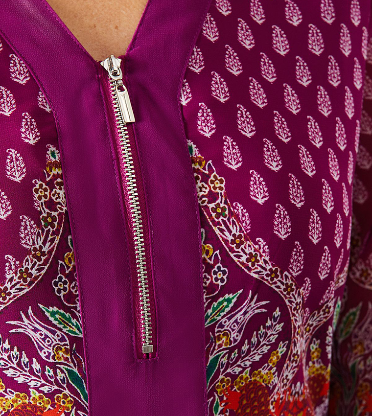 Petite Paisley Printed Zip Front Border Midi Dress
