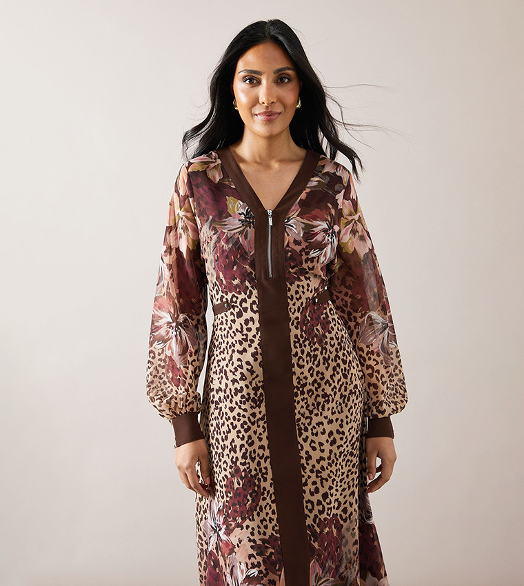 Petite Printed Zip Front Border Midi Dress