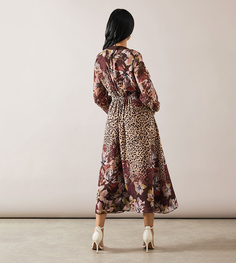 Petite Printed Zip Front Border Midi Dress
