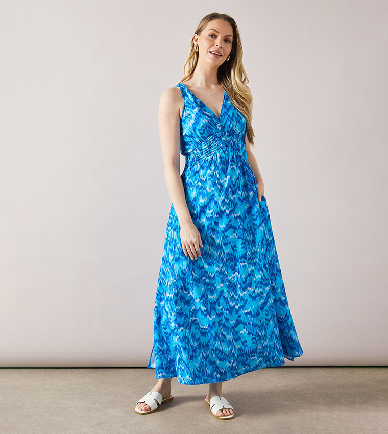 Abstract Print Shirred Waist Maxi Dress