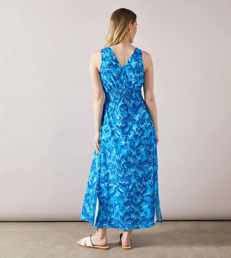 Abstract Print Shirred Waist Maxi Dress