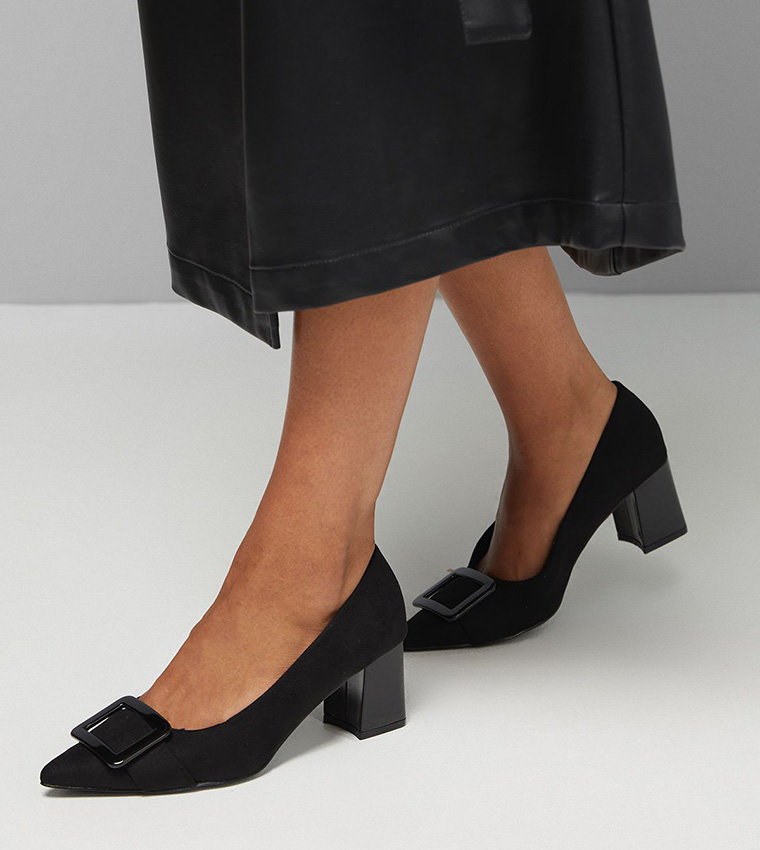 Danny Faux Suede Covered Buckle Block Heel Pumps