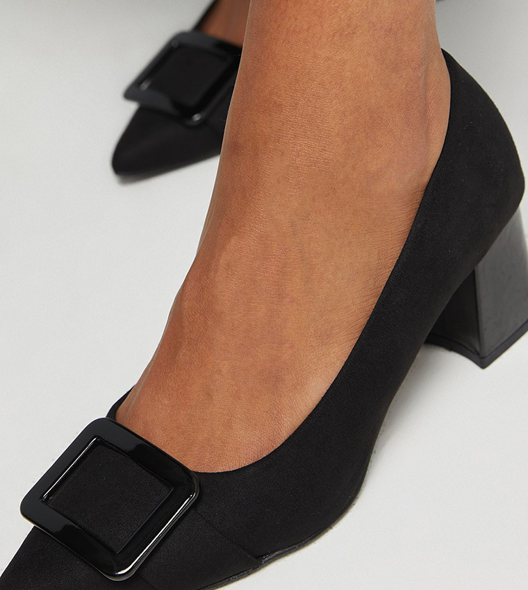 Danny Faux Suede Covered Buckle Block Heel Pumps