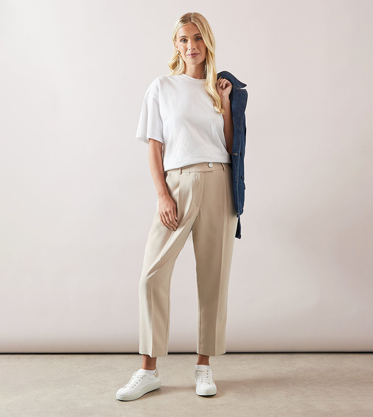 Petite Button Detail Tapered Trousers