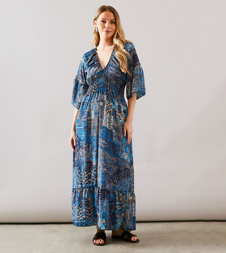 Paisley Print Trim Detail Maxi Dress