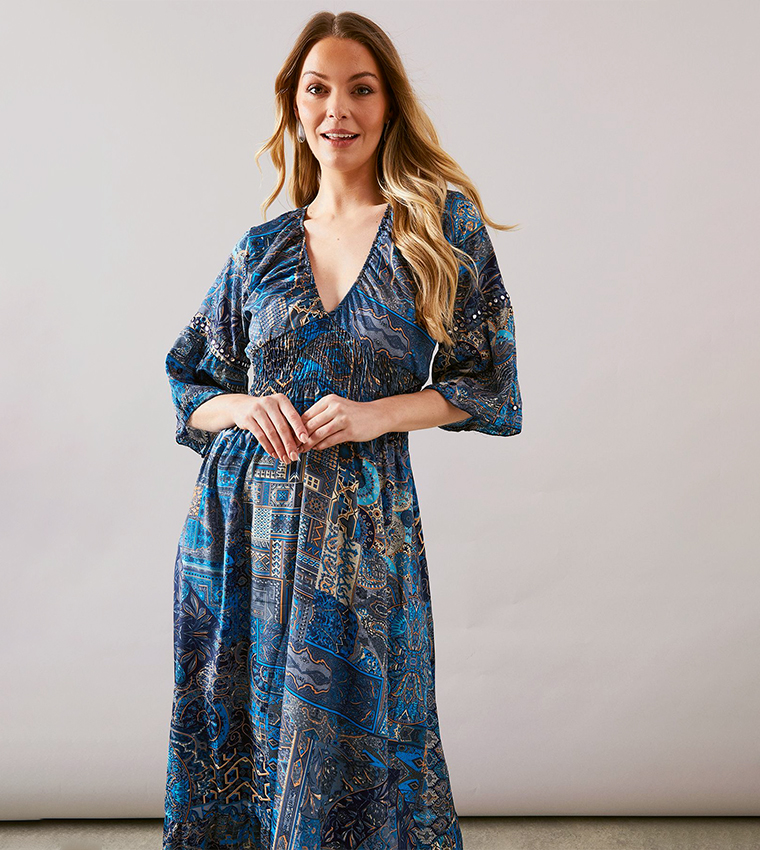 Paisley Print Trim Detail Maxi Dress