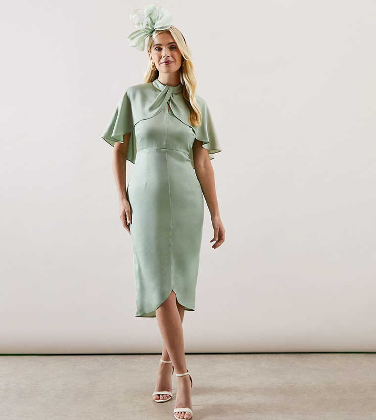 Petite Satin Cape Sleeves Keyhole Dress