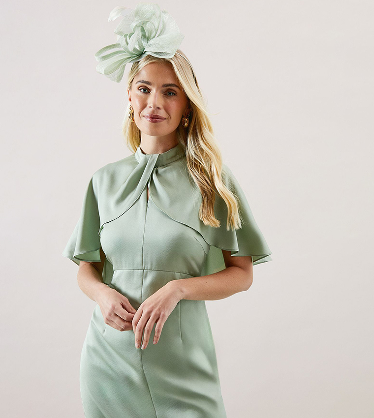 Petite Satin Cape Sleeves Keyhole Dress