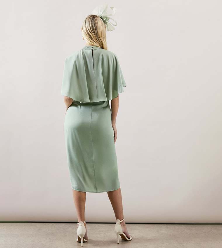 Petite Satin Cape Sleeves Keyhole Dress