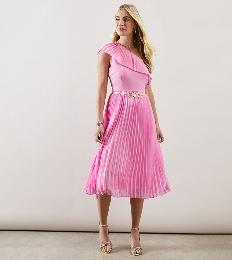 فستان ميدي بكتف واحد بكسرات للمقاسات الصغيرة 