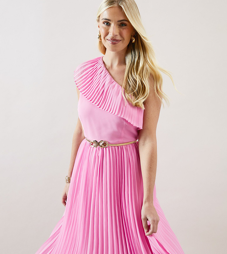 فستان ميدي بكتف واحد بكسرات للمقاسات الصغيرة 