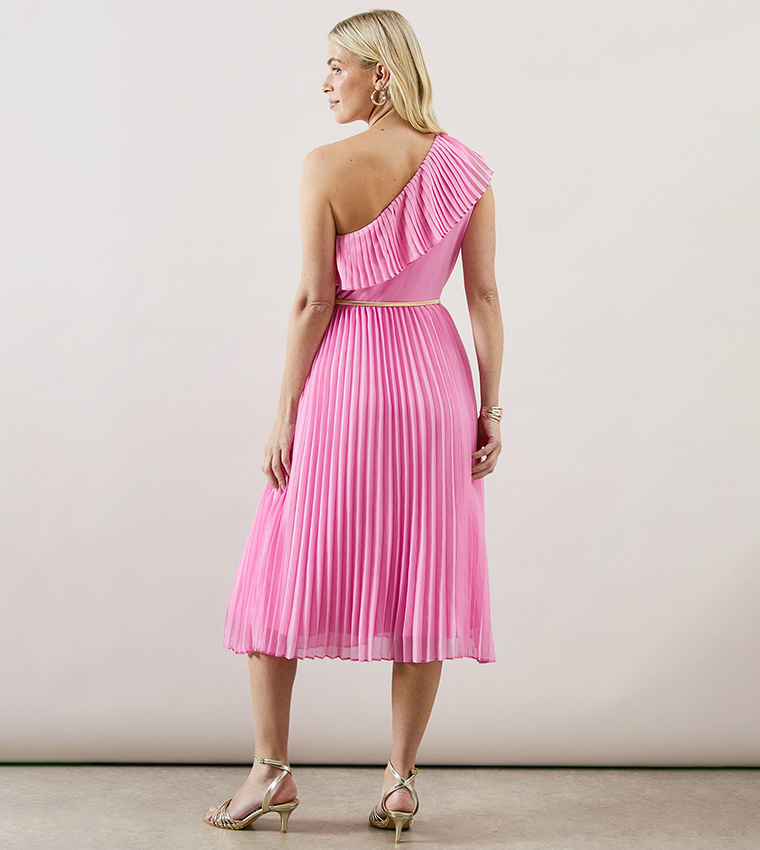 فستان ميدي بكتف واحد بكسرات للمقاسات الصغيرة 