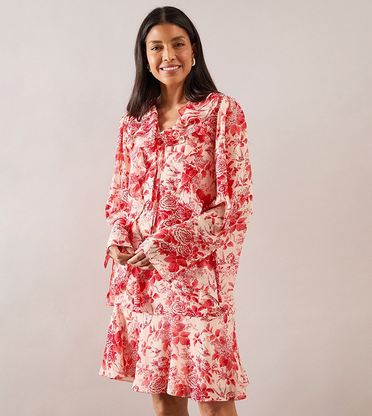 Floral Ruffle Tie Detail Layered Dress