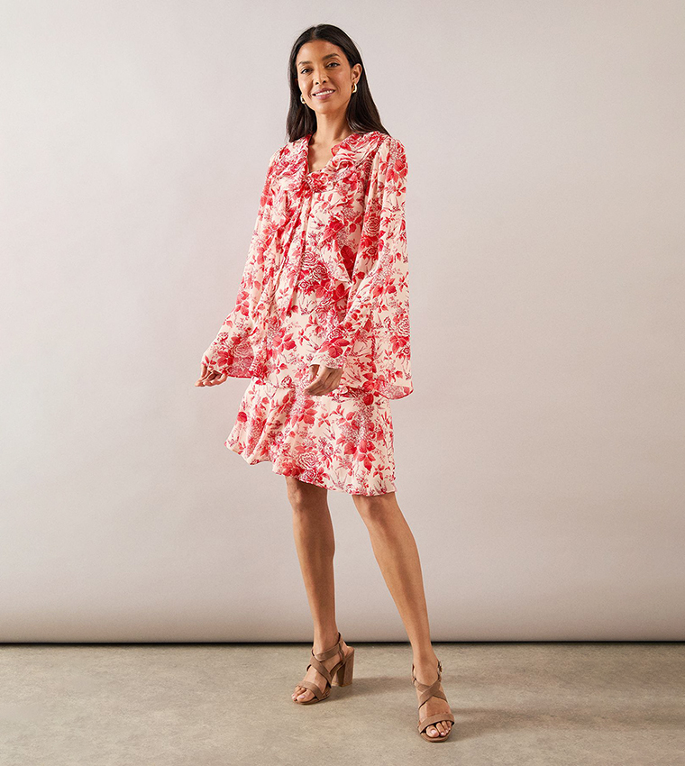 Floral Ruffle Tie Detail Layered Dress