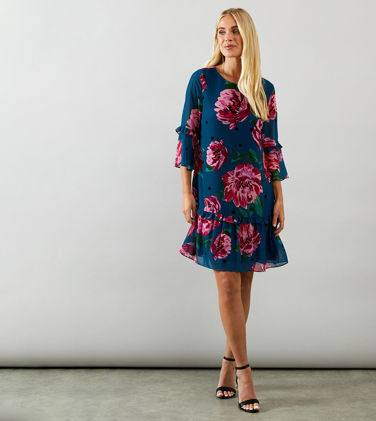 Buy Wallis Petite Floral Print Ruffle Sleeves Drop Hem Shift Mini
