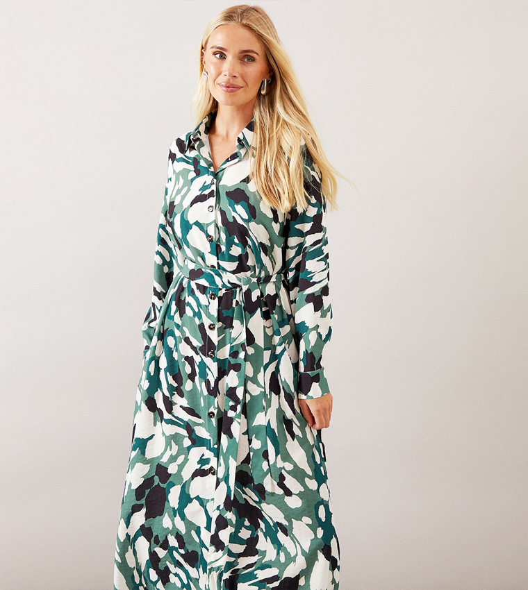 Petite Abstract Button Through Midi Shirt Dress