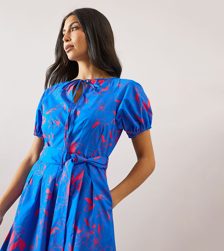 Floral Print  Puff Sleeves Belted Midi Dress