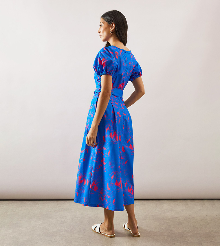 Floral Print  Puff Sleeves Belted Midi Dress