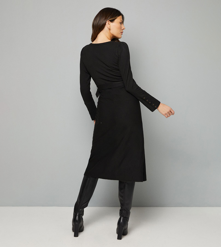 Slash Neck Button Detail Belted Knitted Dress