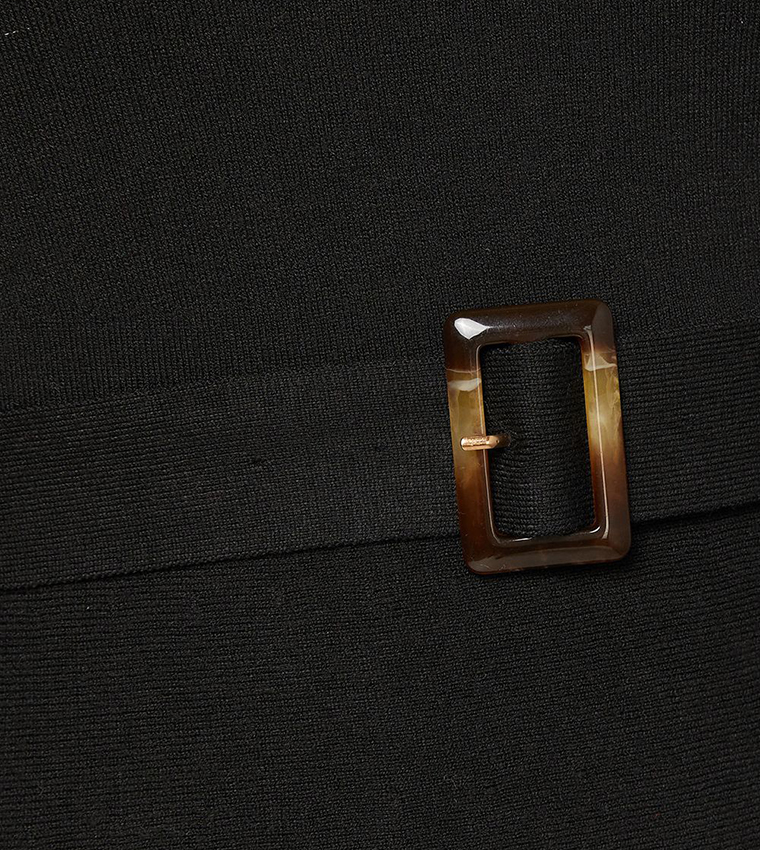 Slash Neck Button Detail Belted Knitted Dress