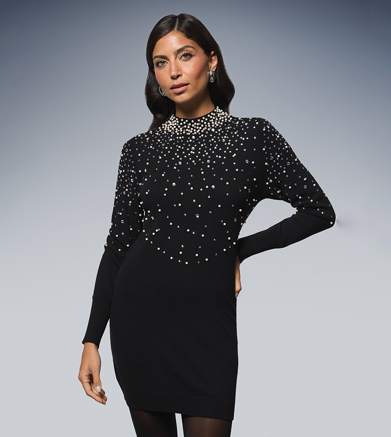 Pearl Embellished High Neck Tunic Mini Party Dress