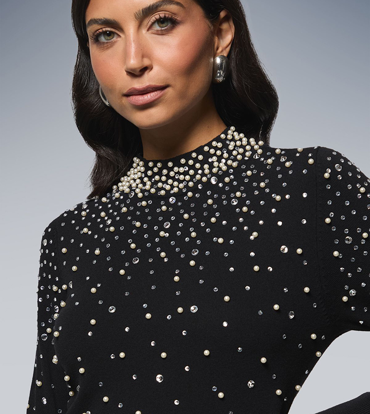 Pearl Embellished High Neck Tunic Mini Party Dress