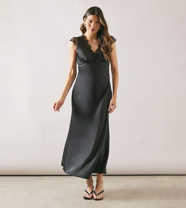 Satin Lace Trim Bias Midaxi Dress