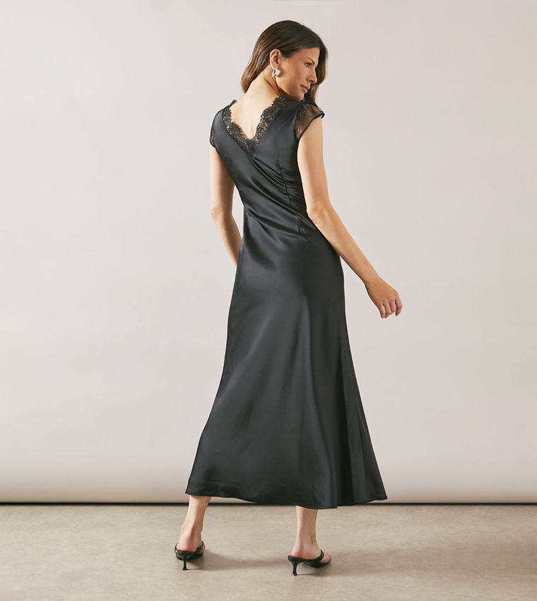 Satin Lace Trim Bias Midaxi Dress