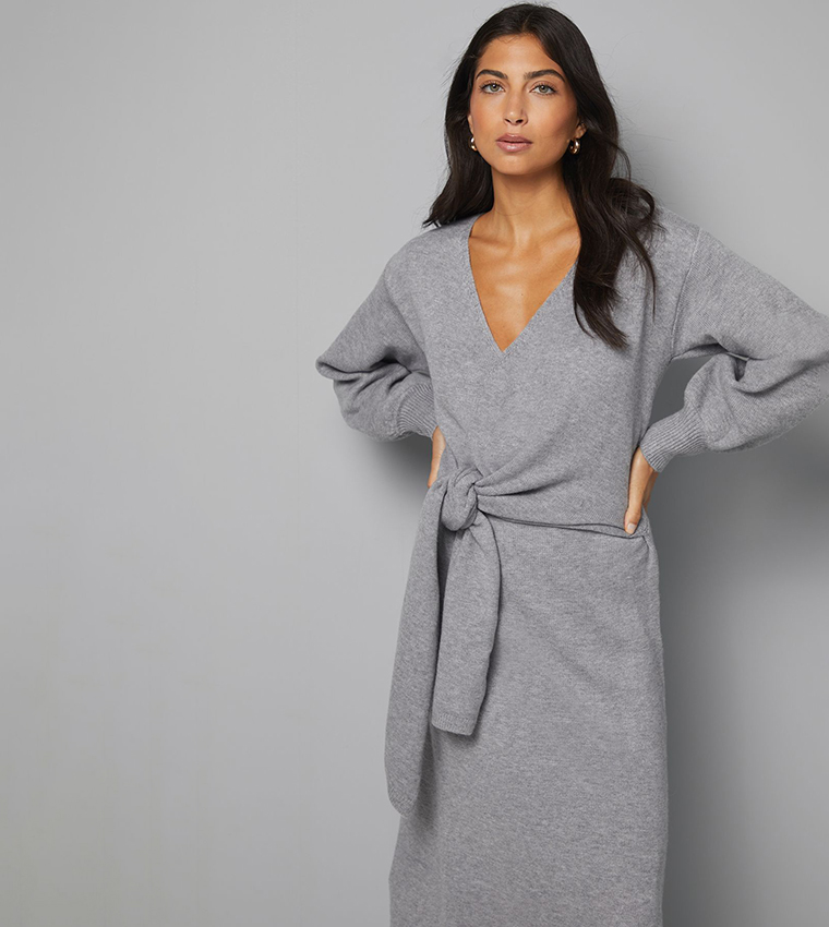 Long Sleeves Slouchy Wrap Midi Dress