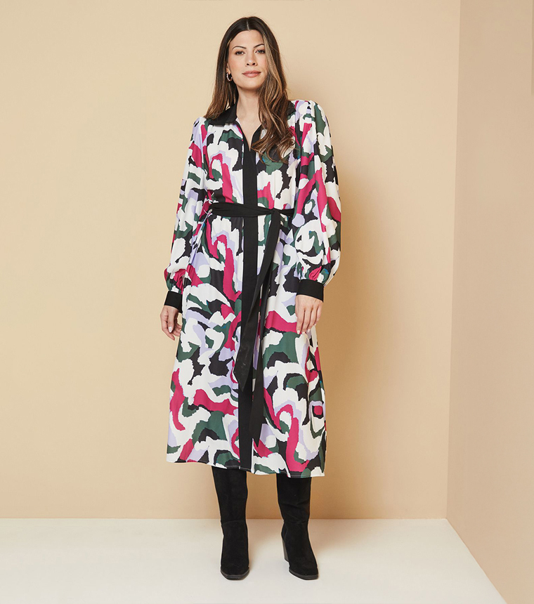 Abstract Patterned Contrast Panel Midi Shirt Dress