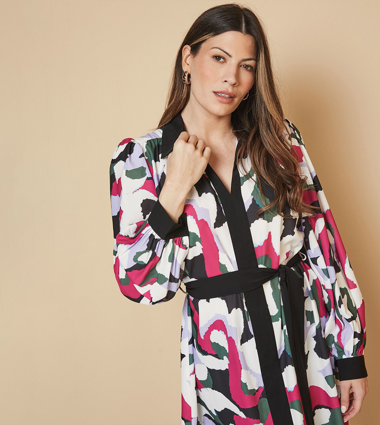Abstract Patterned Contrast Panel Midi Shirt Dress