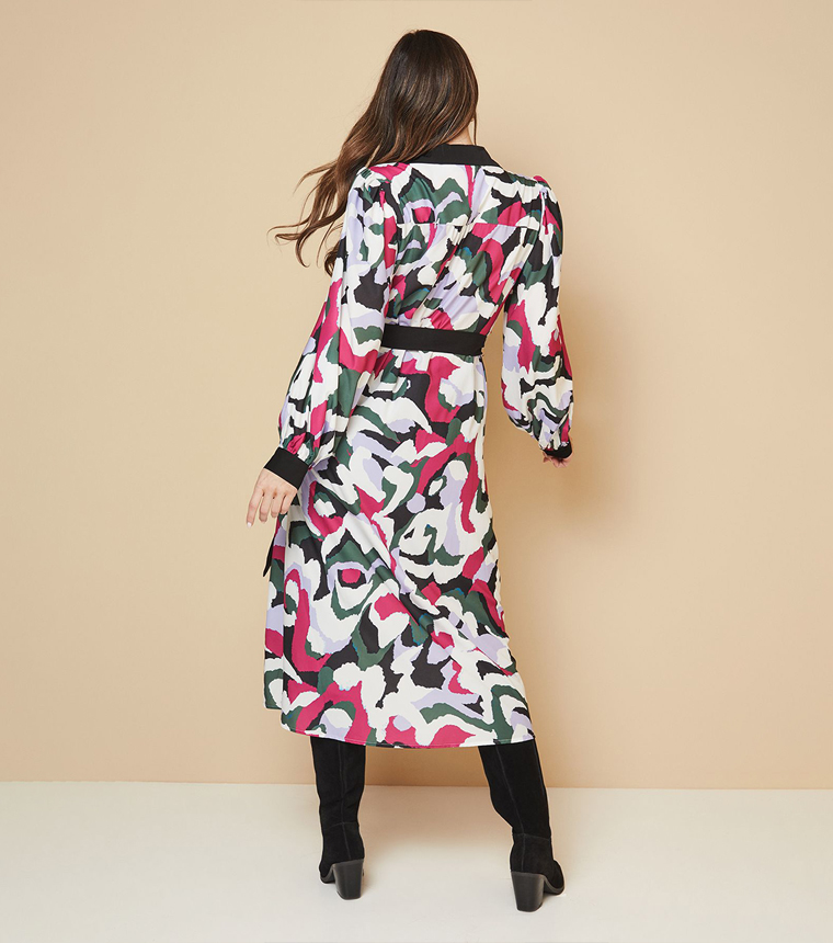 Abstract Patterned Contrast Panel Midi Shirt Dress