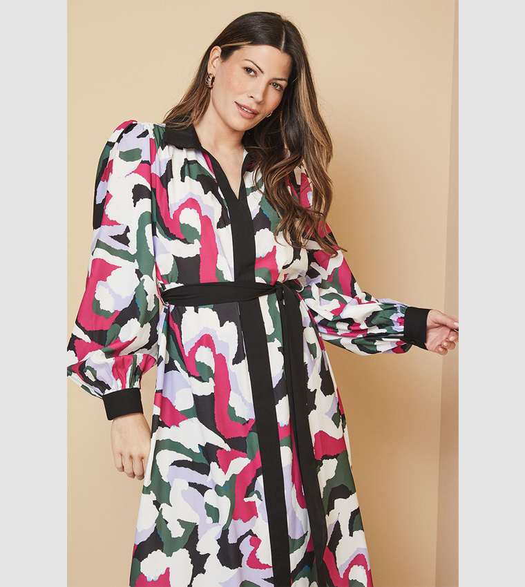 Abstract Patterned Contrast Panel Midi Shirt Dress
