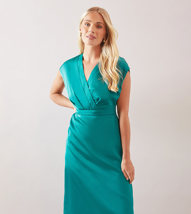 Petite Satin Sleeveless Wrap Midi Dress