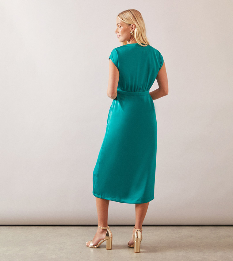 Petite Satin Sleeveless Wrap Midi Dress