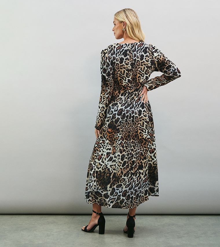 Petite Leopard Viscose Ruched Sleeves Midi Dress