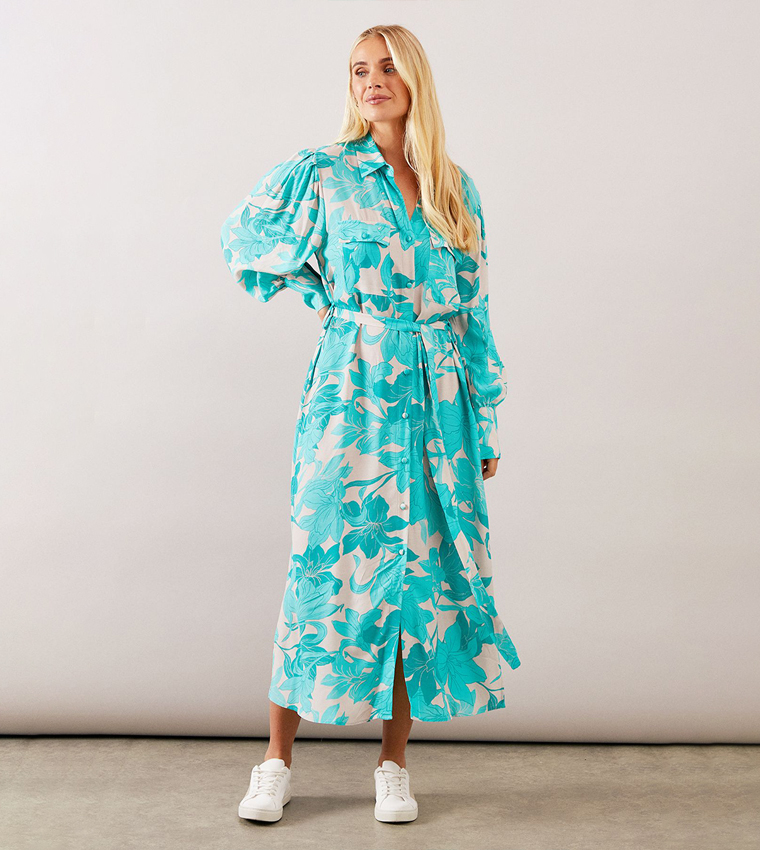 Buy Wallis Petite Floral Viscose Midi Shirt Dress In Blue