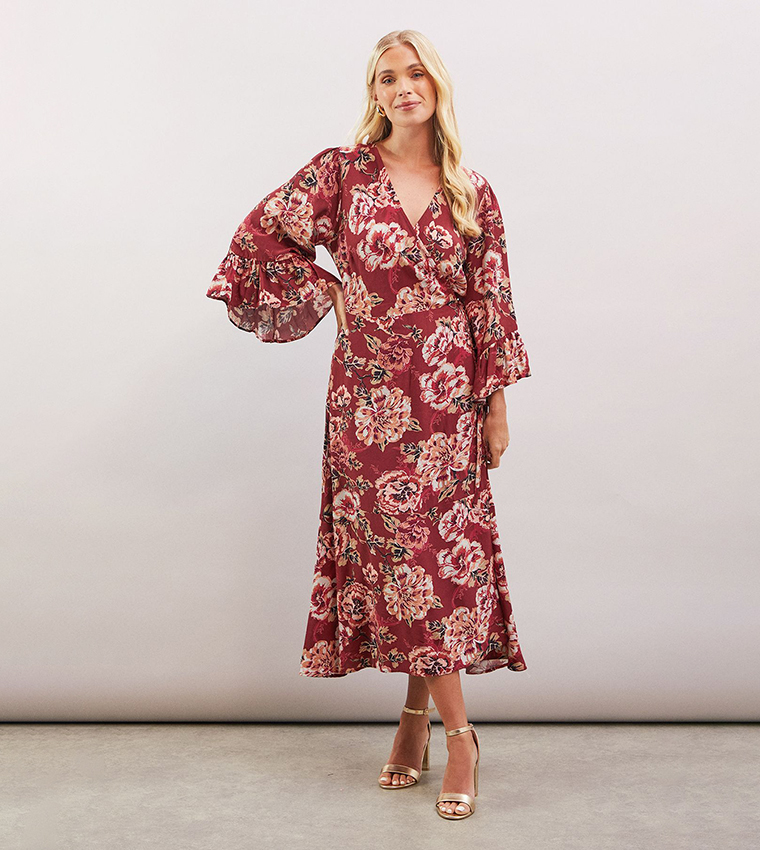 Buy Wallis Petite Floral Printed Viscose Wrap Dress In Red