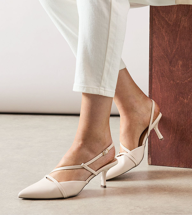 Ellie Faux Leather Asymmetric Strap Slingback Kitten Heel Pumps