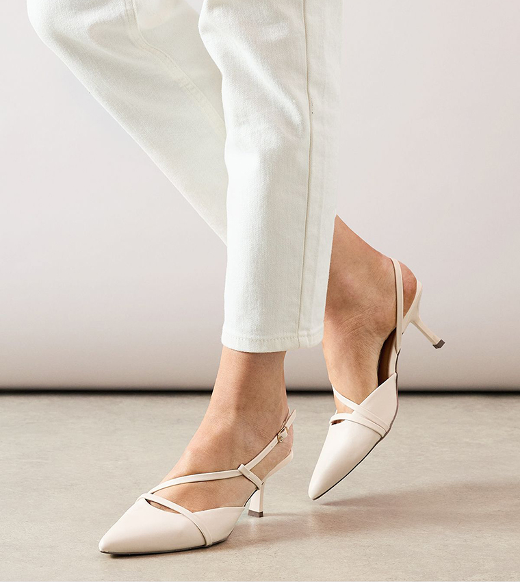 Ellie Faux Leather Asymmetric Strap Slingback Kitten Heel Pumps