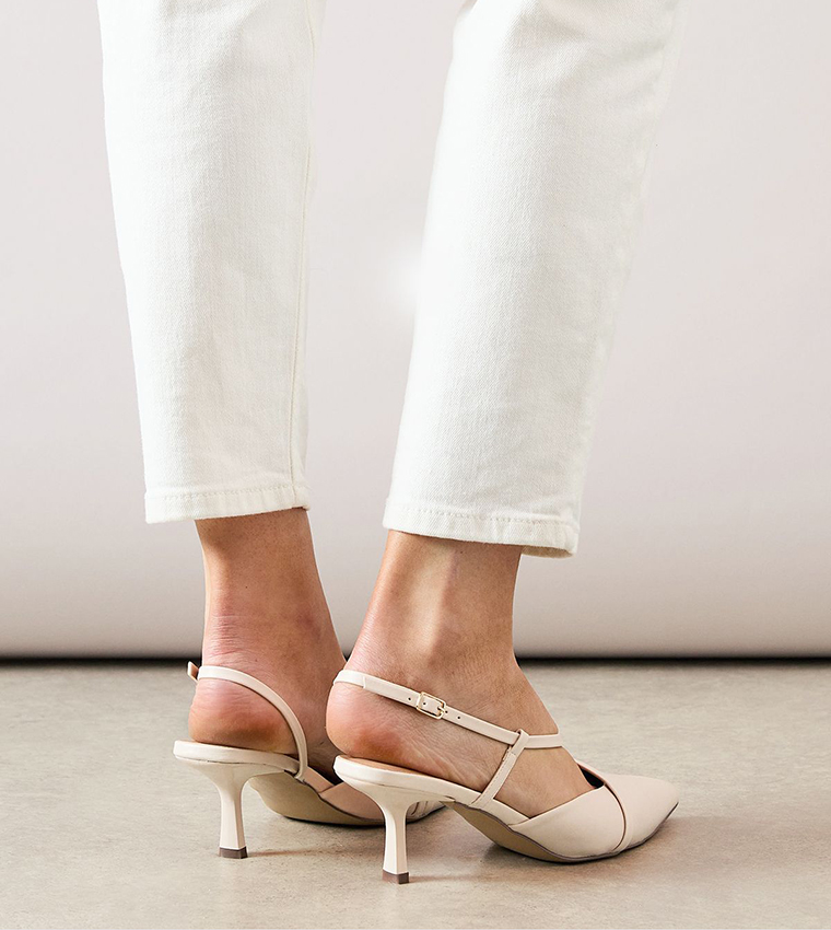 Ellie Faux Leather Asymmetric Strap Slingback Kitten Heel Pumps