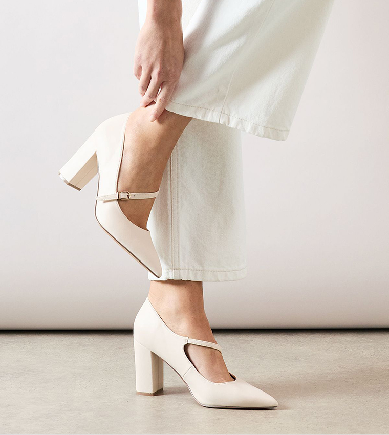 Elodie Faux Leather Asymmetric Strap Block Heel Pumps