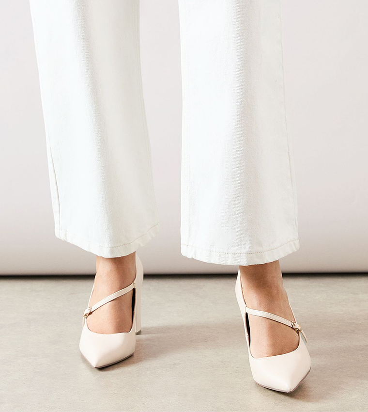 Elodie Faux Leather Asymmetric Strap Block Heel Pumps
