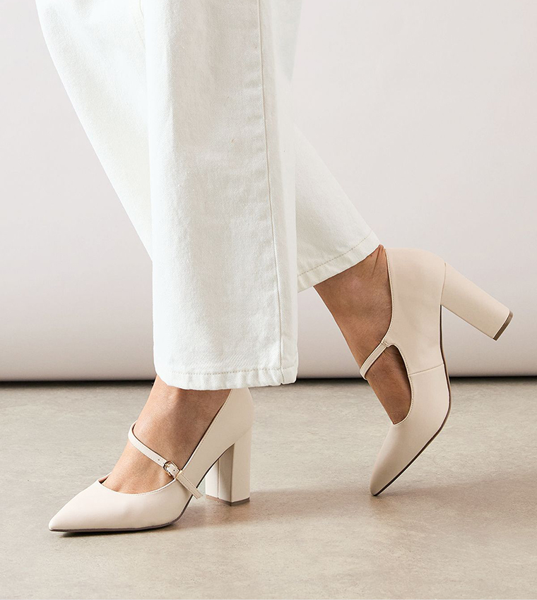 Elodie Faux Leather Asymmetric Strap Block Heel Pumps